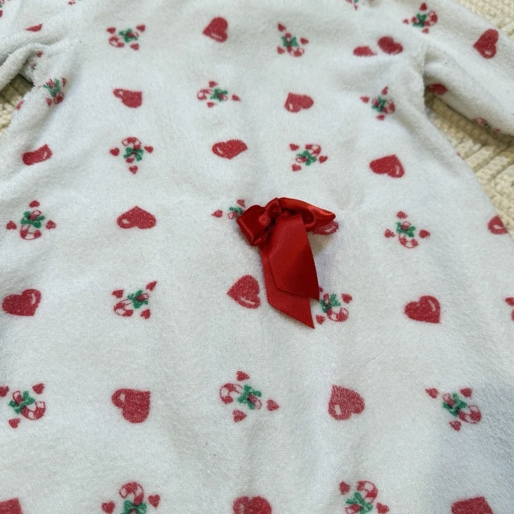Hang in There Candy Cane Sleeper Size 6-9 Mo Hearts Terry Cloth XMas Bow VTG 90s